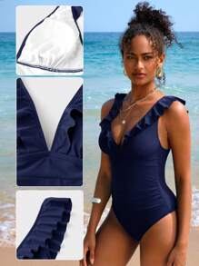 Swim Vcay 1 bộ đồ bơi liền mảnh bèo nhún màu trơn, đi biển ngày lễ - Màu xanh hải quân - Xem 5