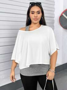 SHEIN Essnce Plus Size Women's Casual 2 Pieces Suit, Tank Vest And Shoulder Top 2 Pieces Suit, Women's Summer 2 Pieces Suit, Going Out Tops Women Summer Outfits For Women, Off The Shoulder Top Cute Tops Cute Summer Tops
