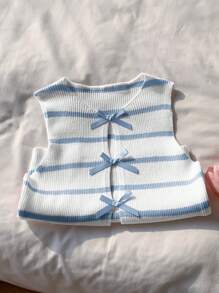 Comfortcana Áo len không tay họa tiết sọc màu đơn giản mùa hè cho nữ - Màu xanh lam - Xem 3