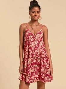 Travachic 女式编织复古印花荷叶边下摆吊带迷你连衣裙