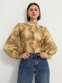 Revavyn 优雅佩斯利花纹与花卉透明雪纺印花灯笼袖宽松女式衬衫，春夏 - 彩色 - 查看 6