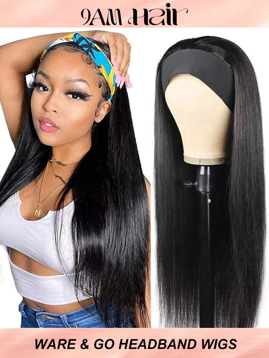 Headband Wig Human Hair Straight For Women Glueless None Lace Front Human Hair Headband Wig Brazilian Virgin Hair Machine Made Human Hair Wigs - Natural Black - View 1