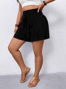 SHEIN LUNE 大码度假休闲纯色抽绳阔腿短裤