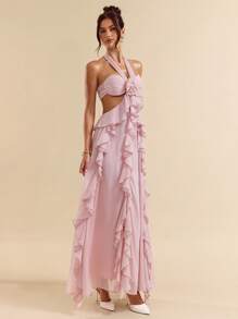 SHEIN BAE 夏季海滩度假纯粉色蕾丝束腰连衣裙吊带长裙优雅女性音乐节乡村音乐节演唱会礼服节日礼服小白裙返校季礼服返校季礼服伴娘服小礼服派对礼服 - 粉色 - 查看 3