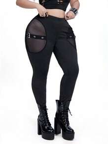 Whyspr Casual Punk Gothic Punk Hollow-Out Mesh Elastic Waist Casual Solid-Color Leggings