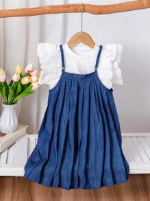 Conjunto de 2 piezas: Blusa con volantes bordados calados y vestido camisero plisado para niña joven - Rosa - Ver 7