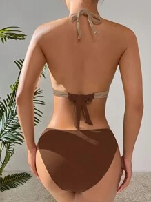 Swim Vcay Two Pieces Contrast Color Patchwork Bikini Swimwear, Suitable For Beach & Holiday For Summer Beach Vacation - Coffee Brown - View 2