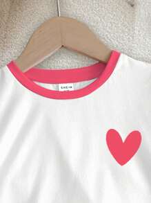 SHEIN 2pcs Set Young Girl Cute Heart Print Casual Short Sleeve Tee And Shorts, Pink, Summer