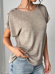 Chiquease Camiseta holgada casual de mujer con botones, espalda hueca y encaje floral - Caqui - Ver 4