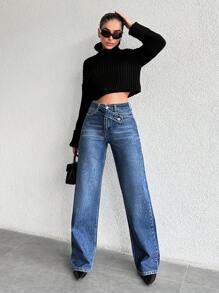 EURMUSE Màu thuần Thắt lưng rộng Quần jean Straight - Rửa trung bình - Xem 5