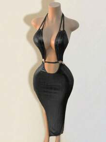 Mistrie Women's Solid Color Deep V-Neck Sleeveless Minimalist Dress, Suitable For Summer - Black - View 4