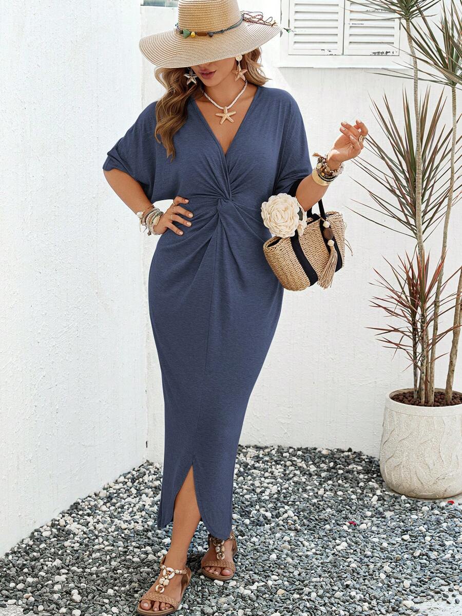 SHEIN LUNE Váy quấn tay giữa thắt eo xoắn màu trơn cỡ lớn cho nữ - Màu xanh hải quân - Xem 1