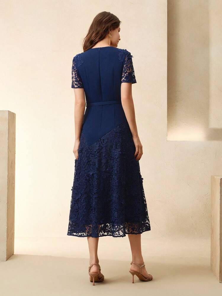 Elegant Lace Hollow-Out Patchwork Waist Belt Slim Waist Round Neck Midi Dress, Summer Easter Outfit For Women Festival