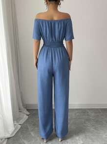 Elenzga Women's Summer New Off Shoulder V-Neck Waist Jumpsuit For Vacation - Blue - View 2