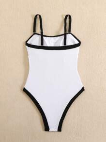 SHEIN Swim Elegant Textured Fabric Black & White Contrast Trim Knit Pockets One-Piece Swimsuit With Removable Shoulder Straps For Summer Beach Vacation - Black and White - View 8