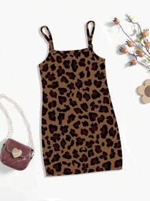 SHEIN 可爱粉色豹纹猫心印花，女婴休闲修身吊带连衣裙，适合夏季 - 彩色 - 查看 2