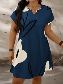 SHEIN LUNE Plus Size Floral Notch V-Neck Batwing Sleeve Summer Dress Boho Mini Drees Mother Day - Navy Blue - View 5