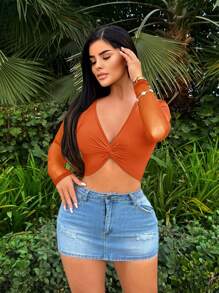 SHEIN SXY Mesh Splice Twist Front Short Tight T-Shirt Summer Date Night Tops - Orange - View 4