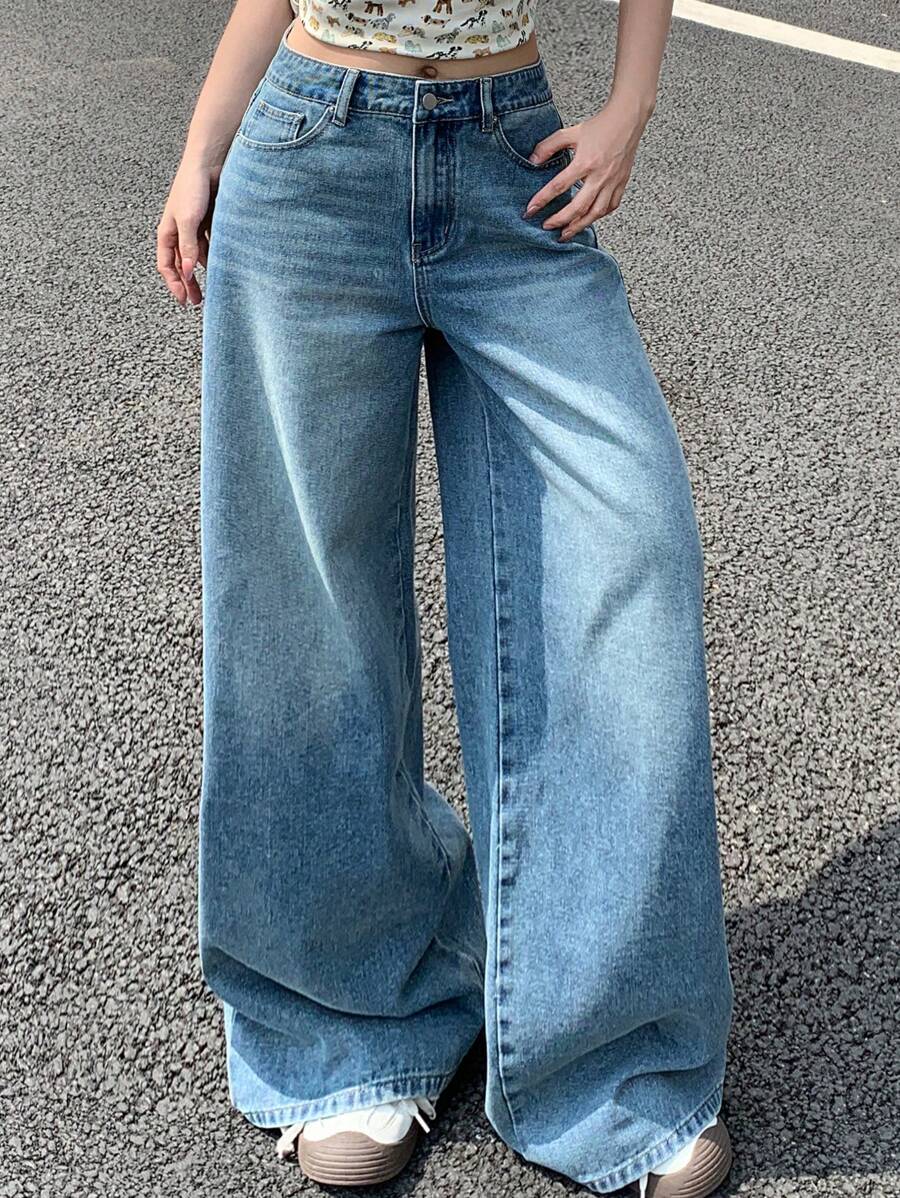 DAZY Wide Leg Jeans Casual Long Pants, Fashionable For Summer Low Rise Jeans - Baby Blue - View 1