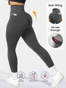 Easithlete Mallas de ejercicio sin costuras con alta elasticidad y bolsillos, pantalones de yoga para mujeres - Gris Oscuro - Ver 4