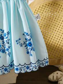 SHEIN Baby Girl Infant Toddler, 0-3 Years Old, Blue & White Elegant Vacation Puff Sleeve Dress, Spring/Summer - Blue - View 6