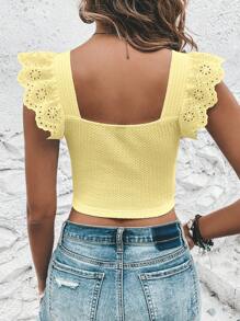 SHEIN VCAY Sping Eyelet Embroidery Ruffle Trim Bodycon Crop Tee,Butter Yellow