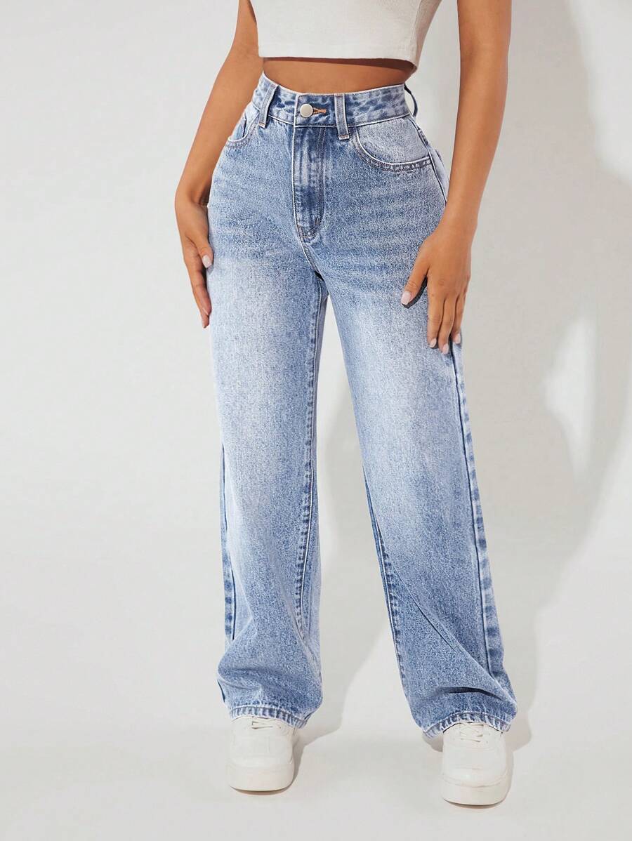SHEIN PETITE Quần Jeans Ống Đứng Túi Xiên In Hình Mèo Dễ Thương Thường Ngày - Rửa nhẹ - Xem 1