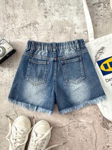 SHEIN Shorts vaqueros rasgados con borde deshilachado y lavado de piedra estilo bohemio para niñas preadolescentes, ropa de verano para niñas, ropa informal y de vacaciones de estilo bohemio para niñas en primavera y verano, atuendos de playa para niñas, ropa de calle occidental para niñas, atuendos de primavera y festivales con shorts vaqueros
