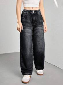 SHEIN Sparklyn Streetcool Tween Girl 复古宽松阔腿牛仔裤，休闲直筒牛仔裤 - 黑色 - 查看 5