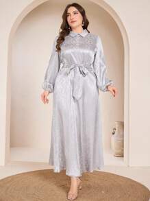 Graceveil 1pc Elegant Plus Size Women Dress With Pearl & Diamond Decor, High-End Chic Style - Grey - View 6