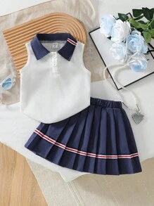 SHEIN 2Pcs/Set Ramadan Girls Polo Collar Sleeveless Tank Top + Pleated Mini Skirt Suit, Elegant School Style For Summer - Multicolor - View 1