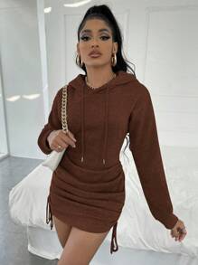 EURMUSE Solid Drawstring Side Drop Shoulder Hooded Sweatshirt Dress - Brown - View 3