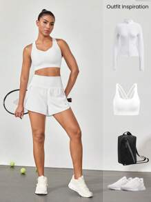 GLOWMODE 3" VitalSwift Quick-Dry Set The Pace High Slit Adjustable Drawstring Waist Shorts With Built-In Shorts Side Pockets Non-Slip Grips Medium Impact Running Jogging Training Gym Workout - White - View 7
