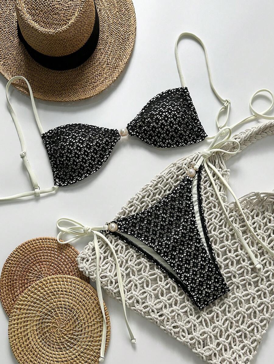 SHEIN Swim 两件套夏季海滩黑色镂空细肩带上衣和侧抽绳比基尼泳裤泳装 - 黑色 - 查看 1