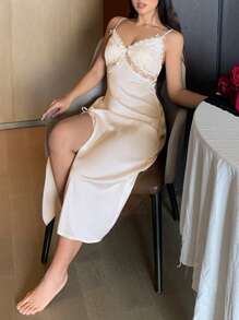 DAZY Lace Patchwork Adjustable Spaghetti Strap Long Slit Design Women Nightgown Pajama - White - View 3