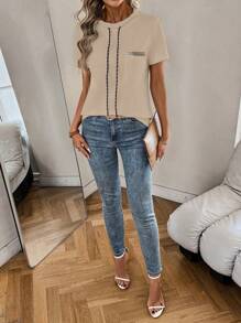 EMERY ROSE Women Drawstring Short Sleeve Pocket Casual T-Shirt - Khaki - View 5