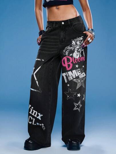 Winx Club X ROMWE Women's Y2K Vintage Subculture Portrait Print Rhinestone Jeans