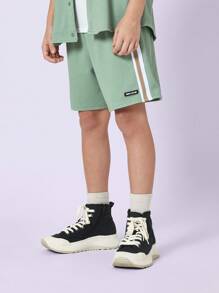 SUMWON Tween Boys Sage Green Waffle Knit Summer Two-Piece Set With Retro Stripes Shirt And Shorts Casual Athletic Comfortable Matching Set - Green - View 4