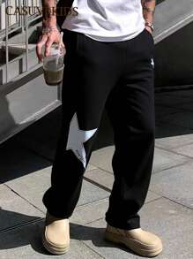 SHEIN Explorewe Casual Teen Boys Plain & Star Print Letter Graphic Long Pants, Versatile For Indoor, Outdoor, SpringSummerFallWinter - Black - View 1