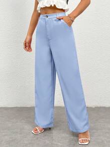 SHEIN PETITE Women's Casual Solid Color Straight Leg Pants - Baby Blue - View 3