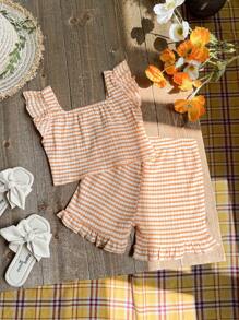 Baby Girl Striped Print Ruffle Trim Wrinkled Top With Shorts - Orange - View 1
