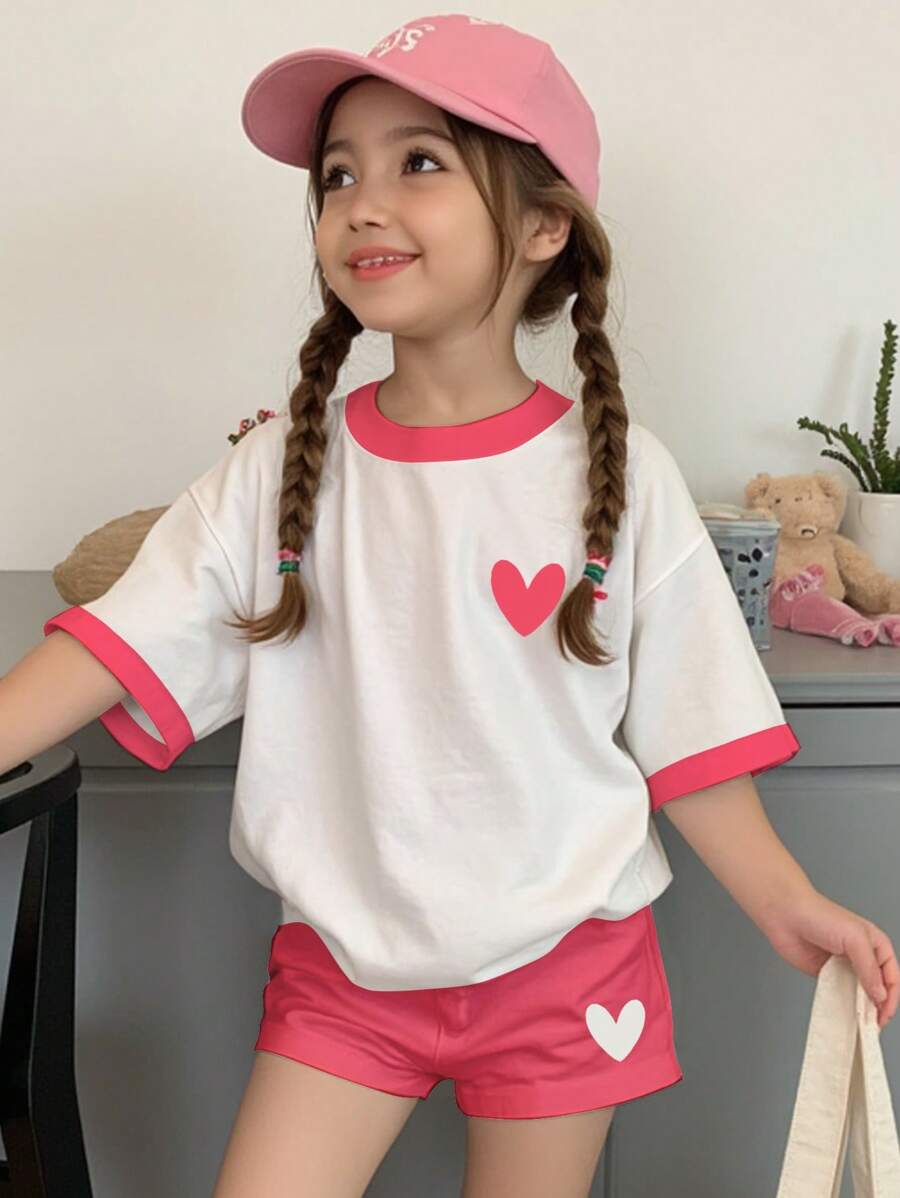 SHEIN 2pcs Set Young Girl Cute Heart Print Casual Short Sleeve Tee And Shorts, Pink, Summer