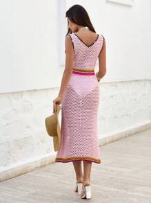EURMUSE Boho-Chic Striped Crochet Cover-Up Dress With Cut-Out Front And Open-Back Design - Baby Pink - View 2