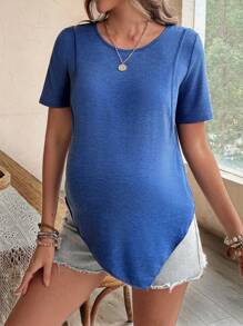 SHEIN Solid Color Comfortable Short Sleeve Maternity & Nursing Wear - Navy Blue - View 5