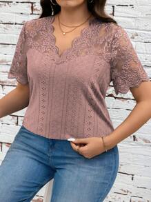 SHEIN Clasi Plus Size Casual Plain Color Lace Patchwork Short Sleeve T-Shirt