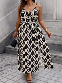 SHEIN Clasi Robe longue à bretelles fendue avec ceinture et imprimé tout-sur-tout pour femmes