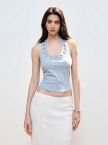 LYSMO Damen ärmelloses, perforiertes Trägertop mit figurbetonter Passform, Sommer