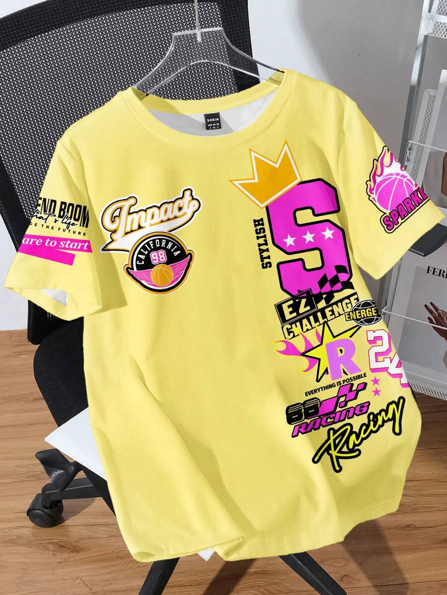 Attitoon Casual Streetwear Style Letter Badge, Crown & Basketball Graphic Round Neck Loose T-Shirt For Women, Suitable For Summer Back To School - Multicolor - View 1