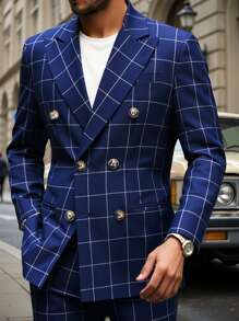 Manfinity Mode Men's Business Plaid Double-Breasted Suit Set (Jacket + Pants), Nice Suit For Men, Suits For Men, Men Suit - Navy Blue - View 1