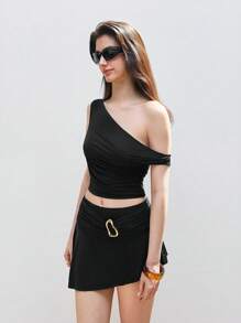 LYSMO Women's Black Summer Seksi Chic Club Two-Piece Set Solid V-Neck Cropped Tank Top And Asymmetric Gold Metal Button Mini Skirt For Casual Beach Outfits - Black - View 8